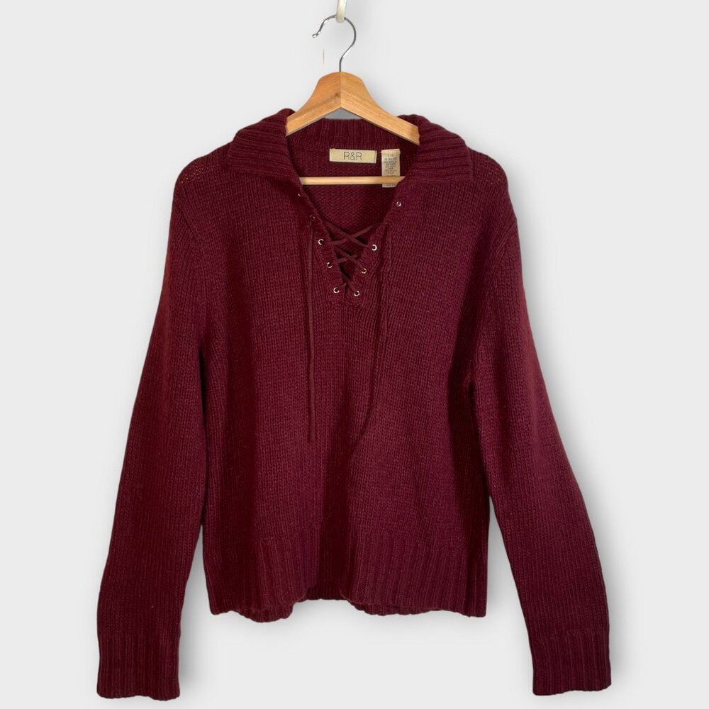 🦜 Vtg R&R Sweater LARGE Maroon Lace Up Front Wool Blend Cabincore